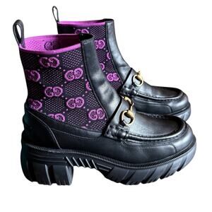 Gucci Quebec Leather Technical  GG Monogram Horsebit Ankle Boots EU 38 US 8